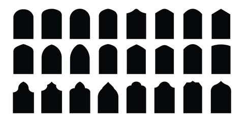 Set of vector Islamic door and window shapes. Arabic style arch. Arabic arch windows and doors in traditional silhouettes. Oriental architecture elements template of eastern door. Vector illustration