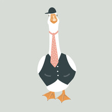 Cute Male Goose Dressed In A Vest, Tie, And A Cap. Anthropomorphic Illustration, Fashion Bird Isolated Vector