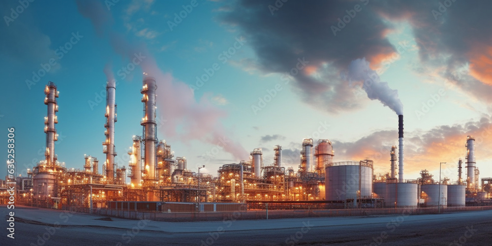 oil refinery plant at night, oil refinery at twilight, oil refinery at night