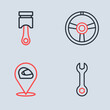 © Iryna - Set line Racing steering wheel, helmet, Wrench spanner and Engine piston icon. Vector