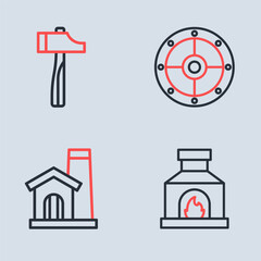 Wall Mural - Set line Round shield, Smithy workshop interior, Blacksmith oven and Hammer icon. Vector