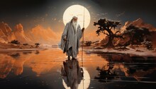 The Religious Elder, The Prophet And Doomsday Predictor, Walks Along The Holy Lake In A White Robe, Atonement For Human Sins.