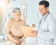 © Ilzer/peopleimages.com - Consulting, medical and results with old woman and doctor for planning, surgery and life insurance. Medicine, healthcare and report with man and senior patient in hospital for help, exam or checklist
