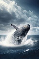 Wall Mural - Blue whale or blue fin whale, jumping over the sea. Generative AI.