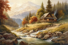 Wooden Cabin Next To A River In The Middle Of The Forest. Generative AI.