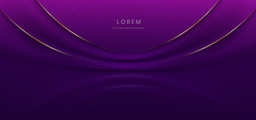 Luxury dark purple background with golden line curved and lighting effect sparkle.