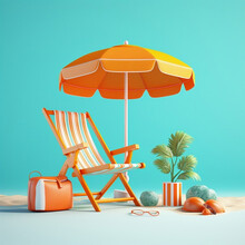 Turquoise Blue Backdrop Adorned With Summer Accessories, Featuring An Orange Beach Chair. 3d Render Illustration