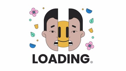 Poster - Shy guy split face line 2D loading animation. Emoticon smiling inside shocked man animated cartoon linear concept 4K video loader motion graphic. Introvert hiding feelings download process gif