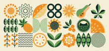 Bauhaus Pattern With Autumn. Mosaic Style. Simple Geometric Shapes. Textile Background With Autumn Vegetables, Fruits, Flowers