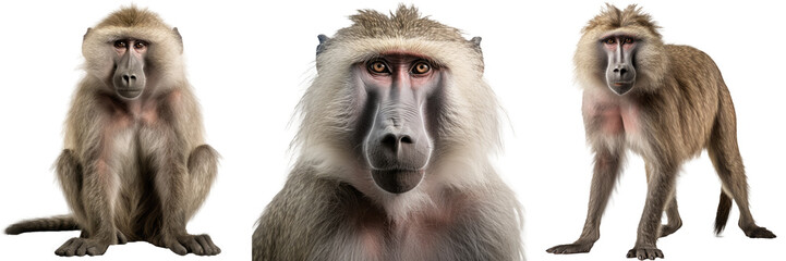 collection of three baboon monkeys (portrait, standing, sitting), animal bundle isolated on a white 