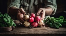 close up of the man's hands holding a bunch of fresh organic radishes