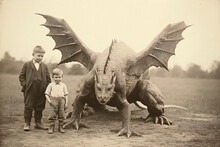 An Antique Photo Of Two Boys And A Dragon