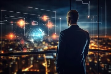 Aufkleber - Businessman planning business investment growth management concept on virtual screens, Futuristic abstract background for Business Science and technology.