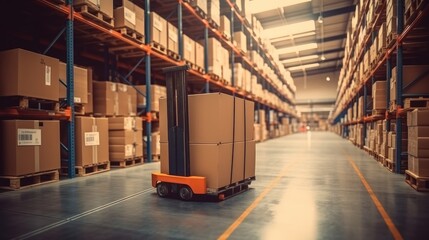 Leinwandbilder - Cardboard boxes on a pallet truck in a large industrial warehouse.