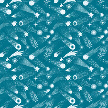 Seamless Doodle-style Pattern With Hand-drawn White Falling Stars On Blue. Ideal For Backgrounds, Textiles, Wallpapers, Packaging And Scrapbooking