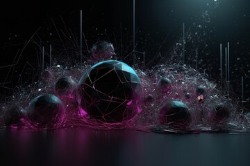 Wall Mural - Abstract black background with futuristic purple balls plastic texture AI