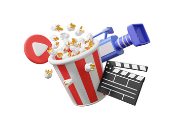 Wall Mural - Advertising products movie entertainment popcorn box floating on isolated background. paper bucket red white striped paper cup delicious party fast food, clapper board elements. 3d rendering