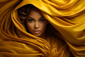 Woman face in silk yellow fabric.