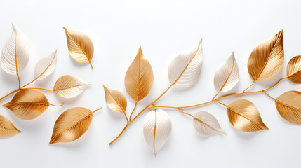 Naklejka na meble Branch of golden and silver autumn leaves on white background. Autumn concept, fall background. Minimal floral design, autumn leaf. Golden twig. Autumn creative composition. Gold autumn leaves banner