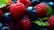 Closeup Photo Of Summer Berries. Fresh Tasty Look, Tiny Drops Of Water On The Peel. Raspberries, Blueberries, Blackberries And Strawberries. Organic Meal. Great For Snack And Good For Life.