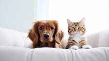 Kitten And Puppy Sitting Together On The Sofa In The Light Room On The Beige Textile Sofa, Looking At The Camera. Light Blured Background. Home Pets. Animal Care. Love And Friendship. Domestic Animals