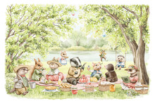 Composition With Variety Set Of Cute Animals In Vintage Clothes Surrounded By Summer Green Landscape On Picnic Isolated On White Background. Watercolor Hand Drawn Illustration Sketch