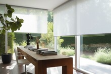 Sun protection with white roller blinds in an office with a garden view. Generative AI