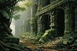 an ancient foliage of trees and ruins in a remarkable artwork. Generative AI
