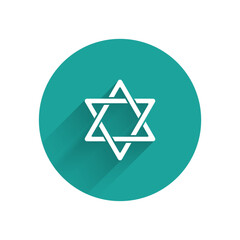 Poster - White Star of David icon isolated with long shadow. Jewish religion symbol. Symbol of Israel. Green circle button. Vector