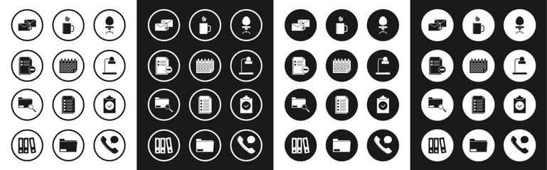 Poster - Set Office chair, Calendar, Document with minus, Envelope, Table lamp, Cup of tea and leaf, Completed task and Search concept folder icon. Vector