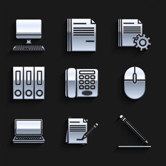 Wall Mural - Set Telephone, Blank notebook and pencil with eraser, Pencil line, Computer mouse, Laptop, Office folders papers documents, Document settings gears and monitor keyboard icon. Vector