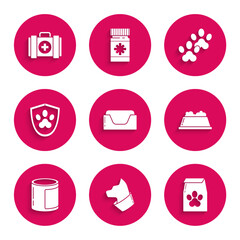 Sticker - Set Pet bed, Cat, Bag of food for pet, bowl, Canned, Animal health insurance, Paw print and first aid kit icon. Vector