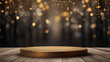 A circular golden glitter podium centered on a wooden floor, with a backdrop of bokeh lights creating a magical or festive atmosphere