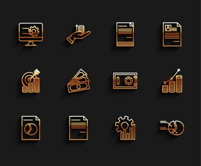 Sticker - Set line Document with graph chart, Computer monitor, Pie infographic, Stacks paper money cash, and coin and Safe icon. Vector