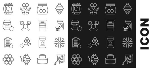 Sticker - Set line Honey dipper stick with dripping honey, Flower, Jar of bee, Wooden barrel and Hive for bees icon. Vector