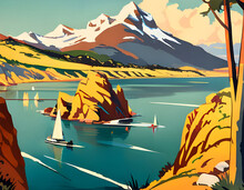 Vintage Art Deco Style 1930s Travel Poster With Yachts Sailing In A Lake In Mountain European Landscape