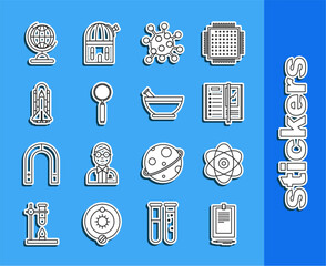 Wall Mural - Set line Clipboard with document, Atom, Notebook, Bacteria, Magnifying glass, Space shuttle and rockets, Earth globe and Mortar pestle icon. Vector