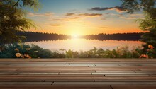 Wooden Floor Against Beautiful Landscape Of Lake With Forest And Sky At Sunset