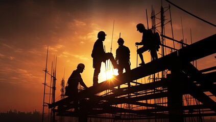 Silhouette of construction workers on the construction site at sunset.