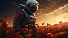 Astronaut With Helmet In A Poppy Field At Sunset