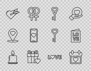 Sticker - Set line Burning candle, Calendar with heart, Key shape, Gift box, Amour arrow, Mobile phone, Love text and Valentines day party flyer icon. Vector