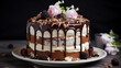 Indulge in the world of food photography as you feast your eyes on a delectable chocolate drip cake adorned with luscious chocolate glaze and delicate splintered pieces. This tempt 