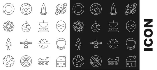 Sticker - Set line Astronomical observatory, Astronaut helmet, Alien, Rocket ship, Moon with flag, Black hole, Satellites orbiting the planet Earth and Planet Saturn icon. Vector