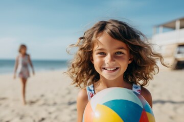 selective focus of smiling little girl holding beach ball and looking at camera on beach