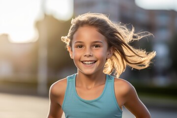 Portrait of a smiling little girl in sportswear running outdoors