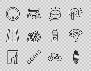 Sticker - Set line Cycling shorts, Bicycle suspension, bell, chain, wheel, parking, and helmet icon. Vector