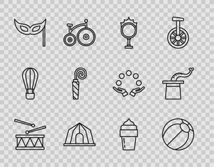 Sticker - Set line Drum with drum sticks, Beach ball, Circus fire hoop, tent, Festive mask, Birthday party horn, Ice cream and Magician hat icon. Vector