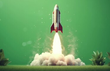 Wall Mural - A rocket launching into the sky with a trail of red and white smoke. Generative ai