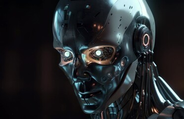 Poster - a futuristic robot with glowing eyes standing in a dark environment. generative ai