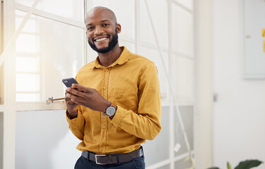 Poster - Happy black man, portrait and typing on smartphone in office for social media, networking and mobile contact. Business employee with phone, reading tech notification and information with digital chat